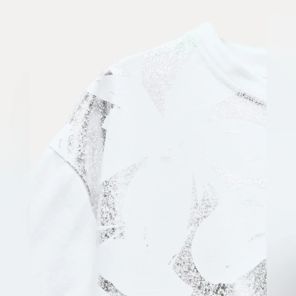 Zara Silver Metallic Floral Foil White T-shirt | Short Sleeves | XL | NWT - Picture 3 of 15
